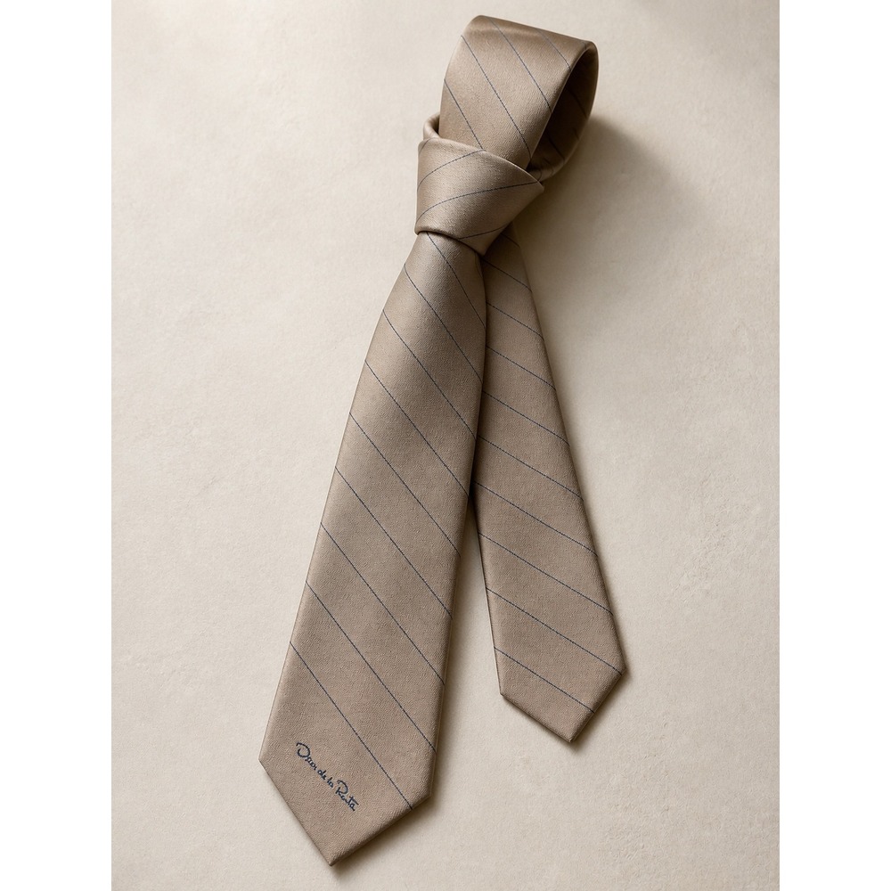 Oscar de la Renta Mens Tan Pinstripe Silk Necktie Designer Logo Vintage
